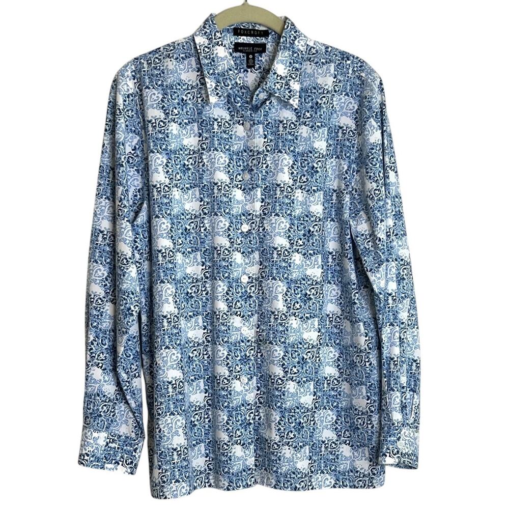 Foxcroft Wrinkle Free Classic Fit Blouse Size 10 Blue White Abstract Floral
